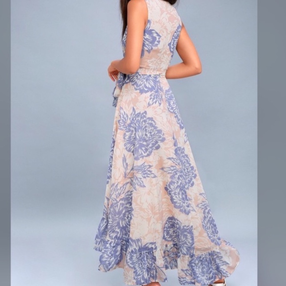 Lulu's Cream and Blue Asymmetrical Ruffled Maxi Dress